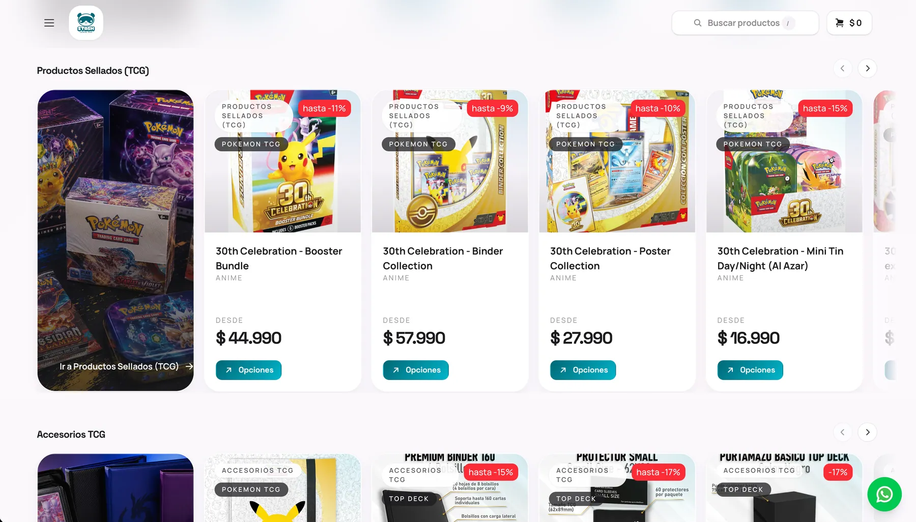 Catálogo de Stash con categorías y tarjetas de productos de Pokémon TCG.